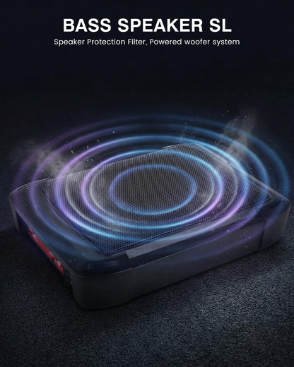 Ultraflache auto-subwoofer, geschikt voor auto/vrachtwagen, met geïntegreerde versterker, te monteren onder de stoelen, maximale vermogen 1000 W, compacte subwoofer.