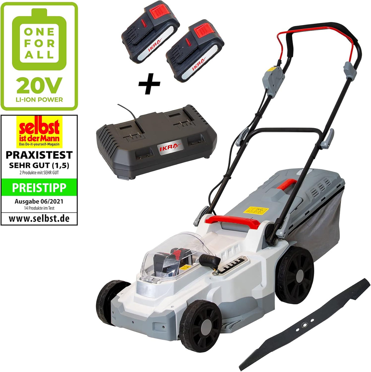 IKRA Accu Grasmaaier Mulchmaaier ICM 2/2037 incl. 2x accu & dubbele snellader, incl. reserve mes