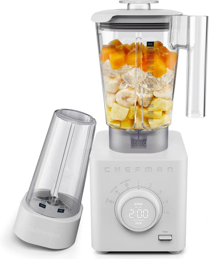 Chefman Obliterator 1,2 l blender voor smoothies, 1350 W motor voor het malen van ijs, noten en bevroren vruchten met roestvrijstalen lemmet, Auto Blend functie, incl. 600ml reiscontainer - betongrijs
