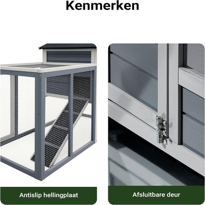 Konijnenhok met vrije loopruimte - grijs - verhoogde schuilplaats - van vurenhout konijnenkooi