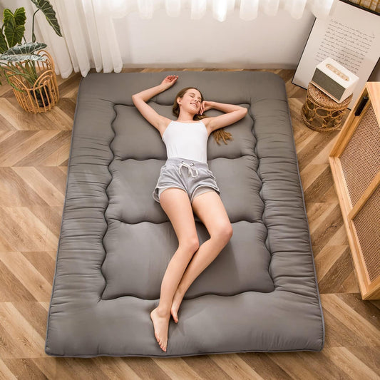 Maxyoyo Japanese Floor Mattress, Futon Mattress, Thicken Tatami Mat, Sleeping Pillow, Foldable, Roll-Up Mattress, Dormitory, Mattress, Floor Lounger, Pillow, Bed (Anthracite Grey, Double)