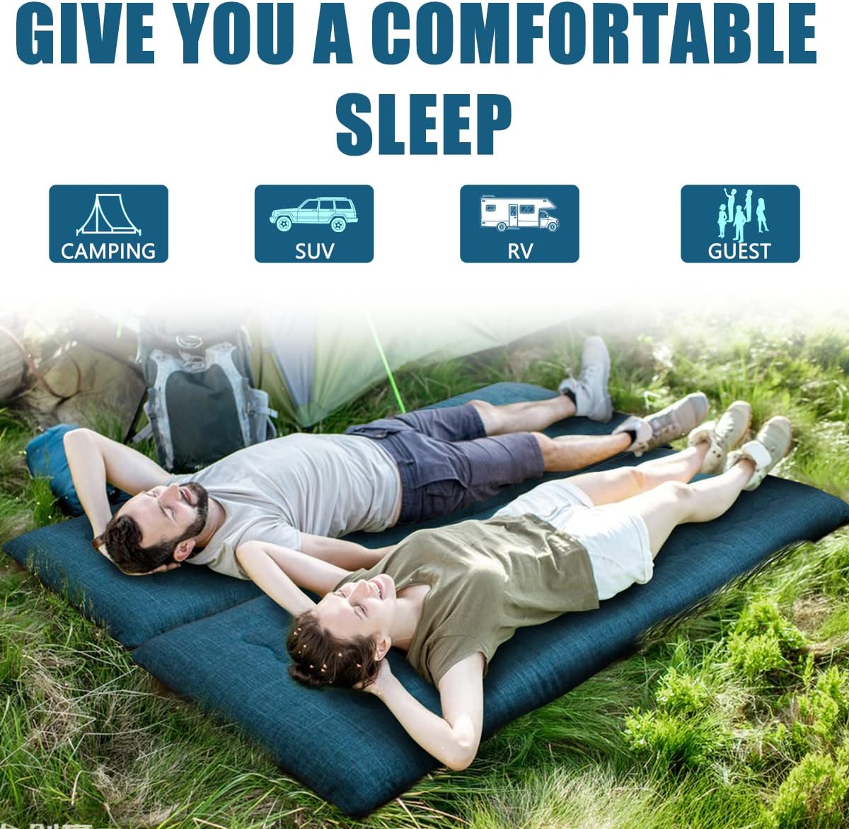 MAXYOYO Draagbare opvouwbare futonmatras, hypoallergene stof en schuimmatras met hoge dichtheid met handvat en rits, voor buiten, binnen, camping, gastenauto (blauw, 71 x 190 cm)