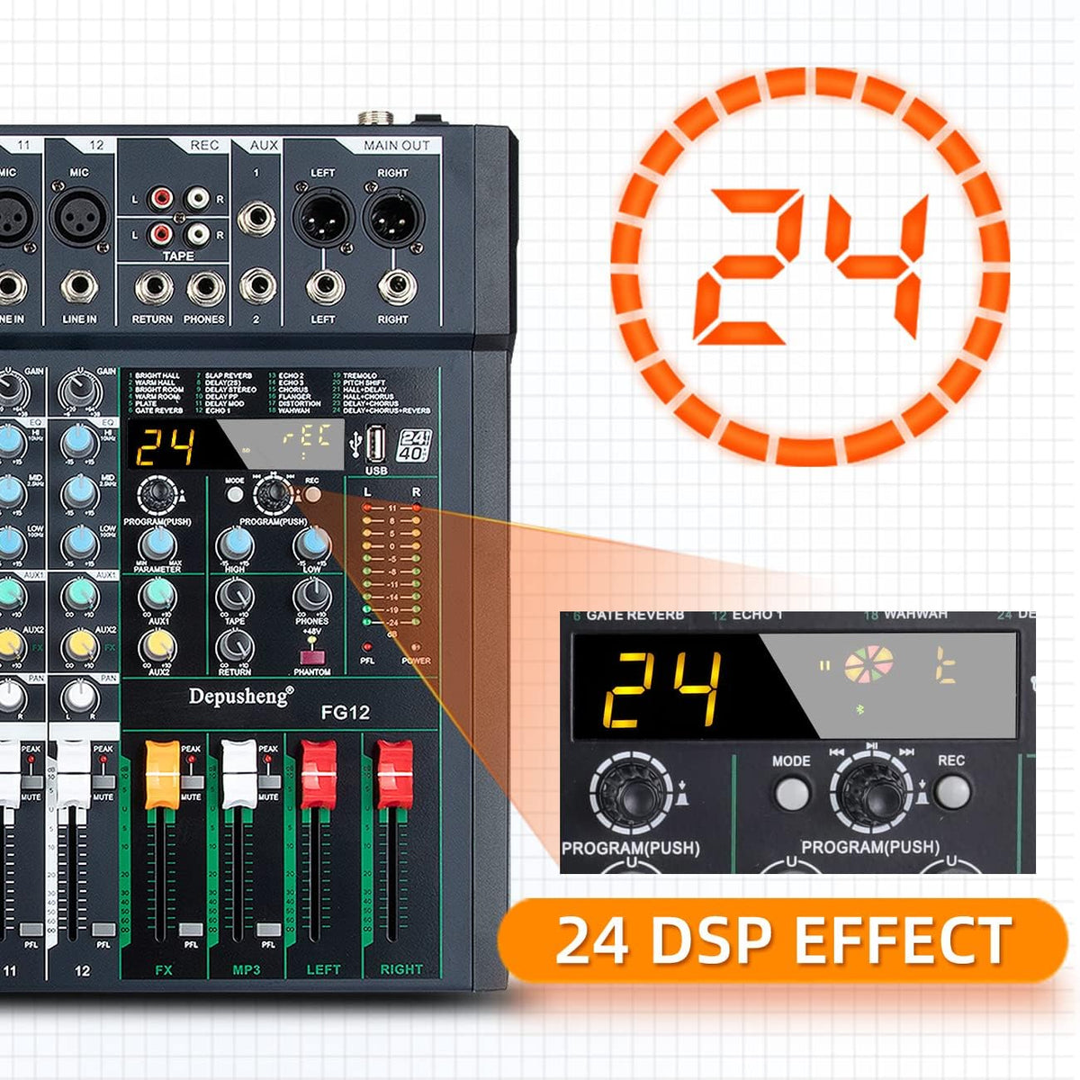 12-Kanaals Audiomixer – Mengpaneel – Geluidsmixer – Audio-Mixer – Studiomixer – USB-Aansluiting voor PC en Mac – 24 DSP-Effecten