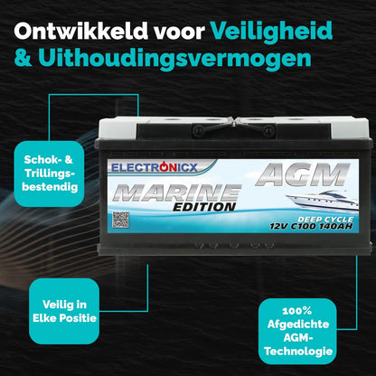 Electronicx AGM serviceaccu 12V 140Ah / 140 Ah – Hoogvermogenaccu met AGM-technologie, 393×175×190 mm, verzegeld, onderhoudsvrij, pluspool rechts, ideaal voor boot, zonne-energie