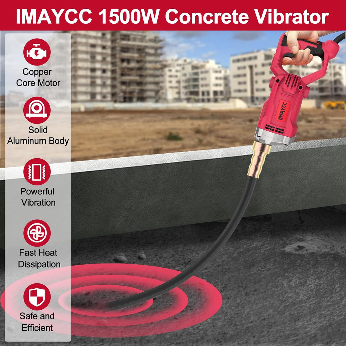 IMAYCC Elektrische betontriler, 1500 W binnentriler, flessenschudder, 2 m trilstaaflengte, betonvibrator, 4200 omw/min roerastoerental