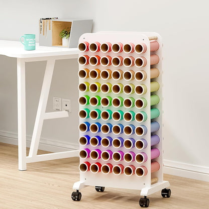 Mobiele vinyl rolhouder, 60 compartimenten vinyl opbergorganizer met vergrendelende zwenkwielen, houten vinyl rol opbergkar rek ambachtelijke opslag cadeauverpakking organizer voor thuis