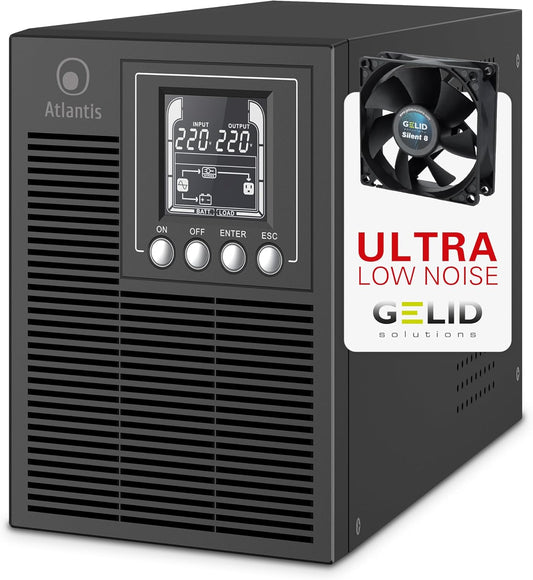 Atlantis A03-OP1002XLN UPS OnLine 88% stillere onderbrekingsgroep, server, dubbele conversie, zuivere sinusgolf, 1000 VA 700 W, Low Noise Gelid ventilator 23,6 dbA, USB, 2 Schuko + 1 IEC, 2 x 12 V-9
