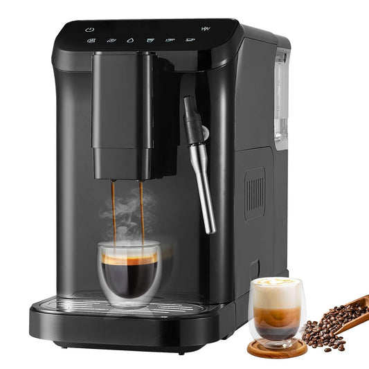 VEVOR Automatische espressomachine, espressomachine 20 bar met melkopschuimer stoommondstuk, geïntegreerde molen en 15 maalinstellingen, met 1,5 l waterreservoir voor cappuccino, latte