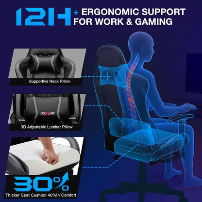 Douxlife Gaming Stoel, met 7-punts Massage, Ergonomische bureaustoel met Voetensteun, 90-175° Rugleuning Instelbaar, Verstelbare 2D-Armleuning, PC-gamerstoel, Bureaustoel, 180 kg, Grijs