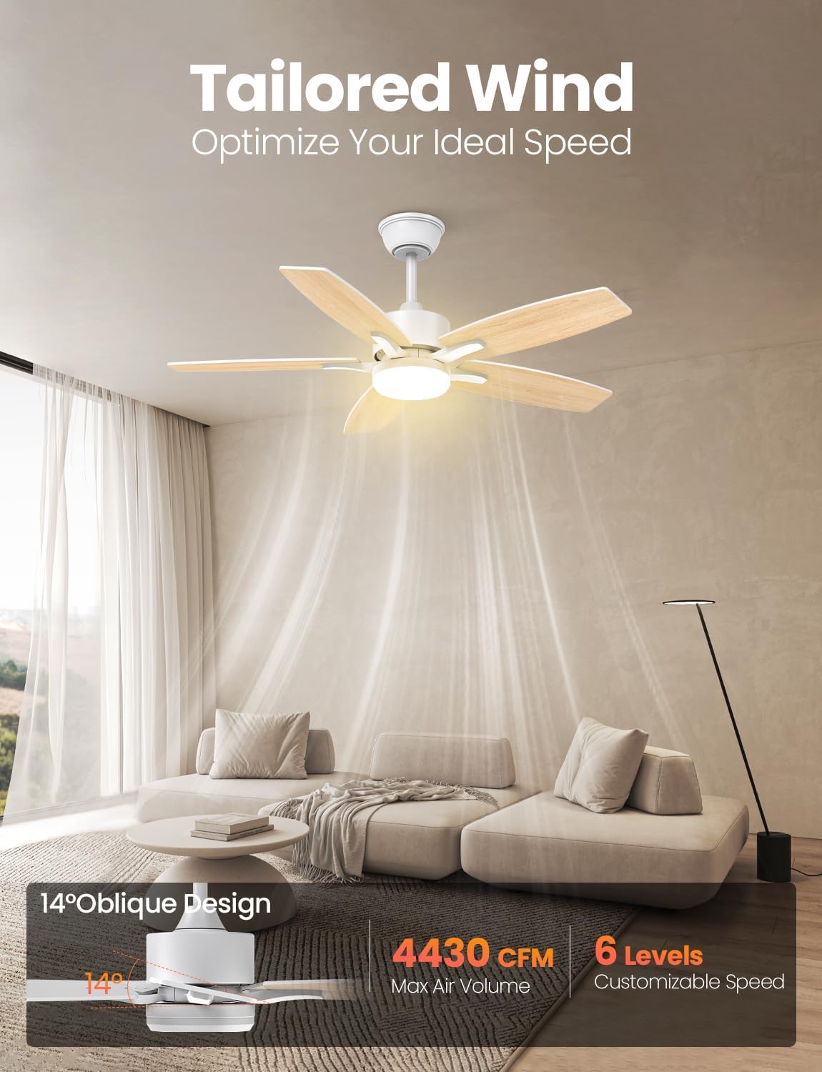 Mefine 106 cm plafondventilator met licht en stille afstandsbediening (lichthout/wit)