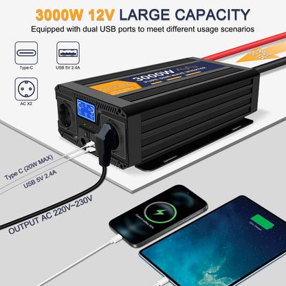 <font dir="auto" style="vertical-align: inherit;"><font dir="auto" style="vertical-align: inherit;">        3000W/6000W 12V to 230V Pure Sine Wave Power Inverter, Car Charger with LCD Display, Remote Control, 2 EU AC Outlets, 1 Type-C and 1 USB Port