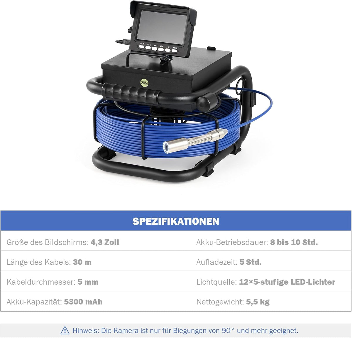 ZELCAN Inspectiecamera met 30 meter kabel en 4,3 inch lcd-scherm, videoinspectie voor buizen, waterdicht IP68, sonde met camera voor inspectieluizen voor afvoerbuizen