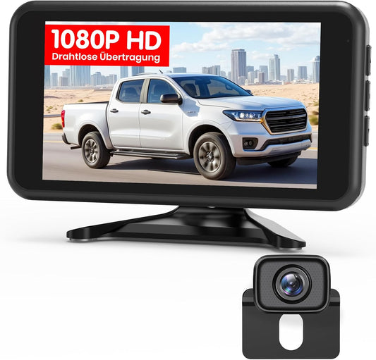 AUTO-VOX Draadloze achteruitrijcamera: 5 inch 1080P monitor, dubbel kanaal, installatie van 30 minuten, stabiele digitale radio-transmissie, IP69K waterdicht en nachtzicht, voor SUV, vrachtwagen, auto