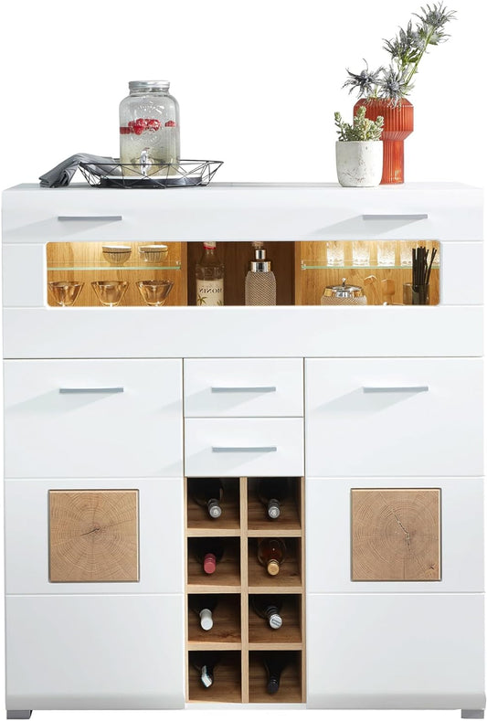 Barkast – Barkastkast – Dressoir – Drankkast – Barmeubel – Mat Wit & Oud Eikenhout Decor – Soft-Close Deuren & LED-Verlichting – 120 x 37 x 129 cm