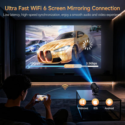 Mini-beamer met wifi en bluetooth, draagbare projector Native 1080P-ondersteuning, 4K met 180° verstelbare standaard, max 180 inch display, geïntegreerde luidsprekers