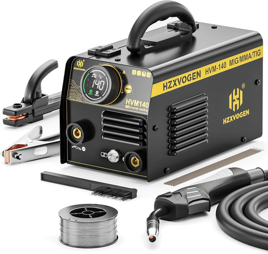 H HZXVOGEN 140A MIG-lasapparaat, 230V Flux Core MIG/Lift TIG/Stick lasmachine 3-in-1 met Synergic, IGBT-inverter, draagbaar gasloos MIG-lasapparaat, MIG-lasmachine voor beginners (HVM140)
