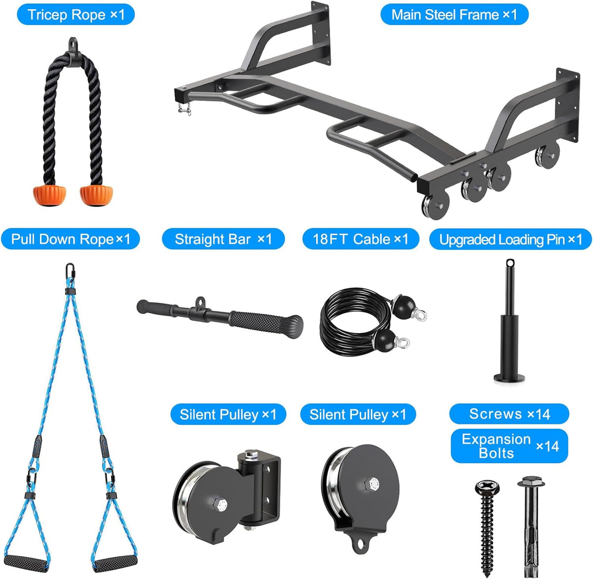 48" Wall Mounted Multifunction Cable Pulley System Gym, 48" Wall Mounted Pull Up Bar, Cable Machine LAT Pulldown Attachments, DIY Home Gym Pulley Cable Machine Attachment System, Punching Bag Hanr