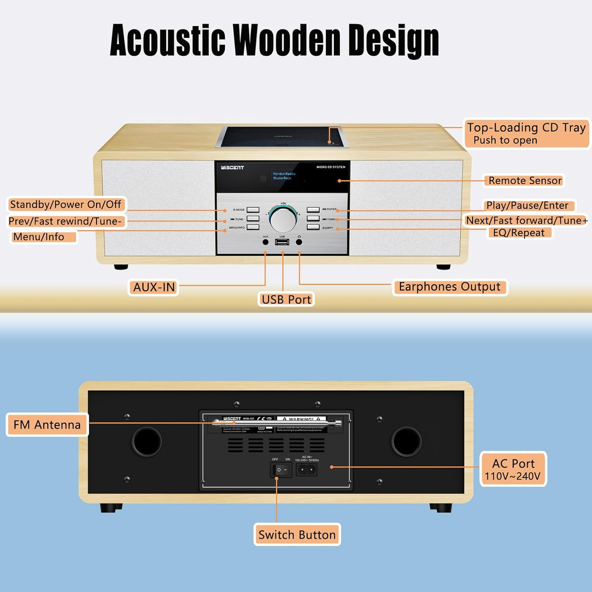 DAB-radio met CD-speler, vintage hifi-muzieksysteem van hout met Bluetooth, DAB+, FM-radio, AUX- en USB-ingang, afstandsbediening, compact radio en stereo-installatie