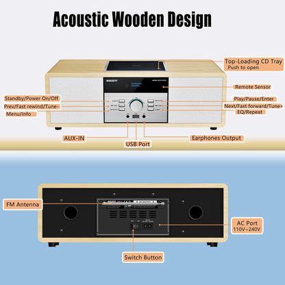 DAB-radio met CD-speler, vintage hifi-muzieksysteem van hout met Bluetooth, DAB+, FM-radio, AUX- en USB-ingang, afstandsbediening, compact radio en stereo-installatie