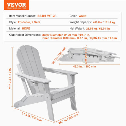 VEVOR Adirondack Stoel van kunststof, set van 2 draagbare opvouwbare vuurkorfstoel, outdoor Adirondack terrasstoel met bekerhouder, met ontspannende armleuning, ergonomisch, voor tuin, achtertuin -