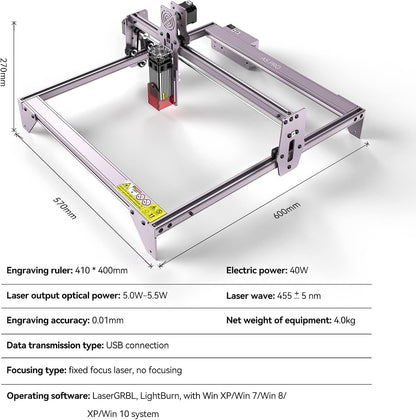 A5 Pro lasergraveermachine 40W, graveermachine, compressed spot, CNC-houtfrees, carving DIY graveermachine, zeer nauwkeurige snede voor hout metaal, 455 ± 5 nm, werkbereik 410 mm x 400 mm