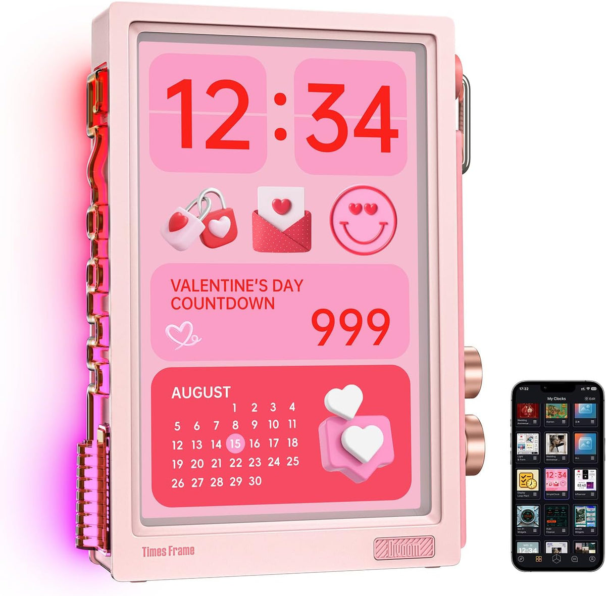 Divoom Times Frame Transparante digitale fotolijst (10,1 inch) met wifi en 64 GB, IPS-display met zwevend effect en RGB-draaiknop, 400+ wijzerplaten, widgets en pixel-art community (roze)