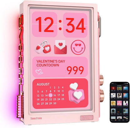 Divoom Times Frame Transparante digitale fotolijst (10,1 inch) met wifi en 64 GB, IPS-display met zwevend effect en RGB-draaiknop, 400+ wijzerplaten, widgets en pixel-art community (roze)