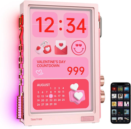 Divoom Times Frame Transparante digitale fotolijst (10,1 inch) met wifi en 64 GB, IPS-display met zwevend effect en RGB-draaiknop, 400+ wijzerplaten, widgets en pixel-art community (roze)