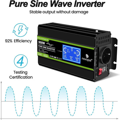 NOVOPAL 500 W omvormer 12 V naar 230 V 220 V zuivere sinus spanningsomvormer met intelligent LCD-scherm - EU-stekker met USB-uitgang