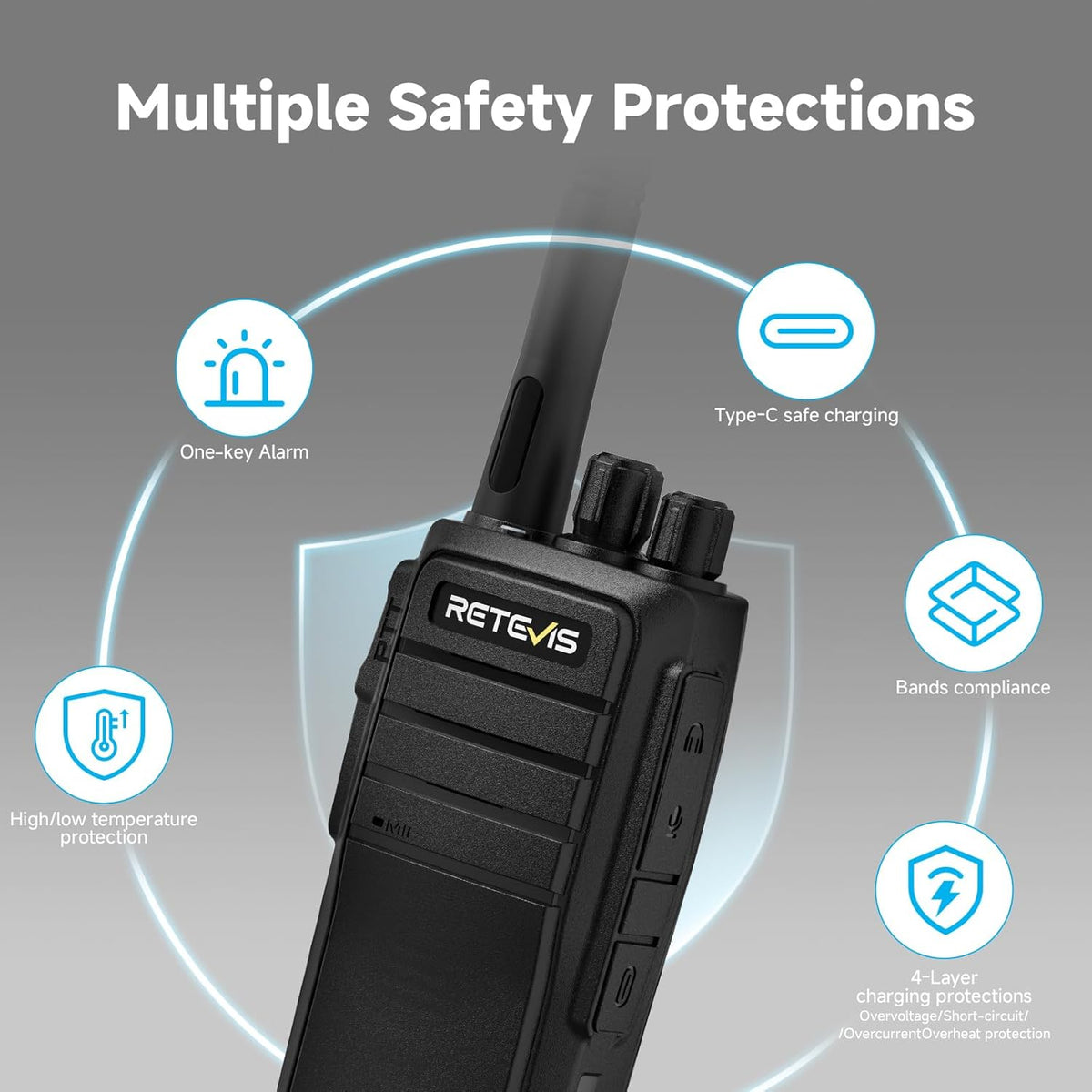 Retevis RT21 Walkie Talkie Nood Lange Afstand 16 Kanalen CTCSS/DCS VOX Squelch Radio's Oplaadbare EU plug Oplaadstation (2 paar, zwart)