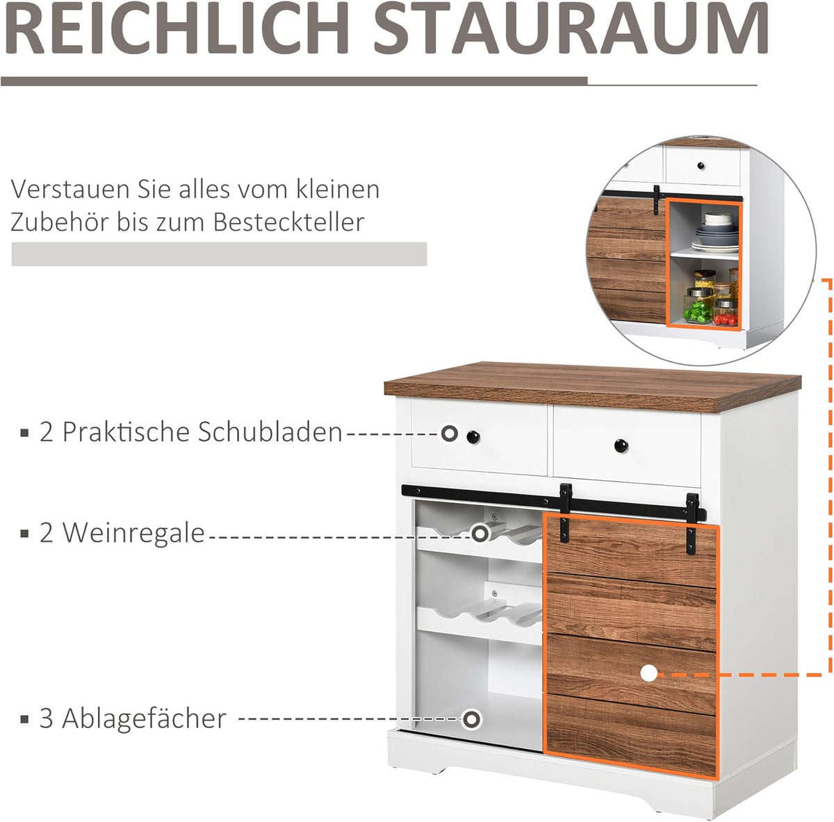 HOMCOM kitchen cabinet sideboard with 2 drawers wine racks sliding door sideboard adjustable shelves storage cabinet rustic white 80 x 39 x 86cm - QUORE