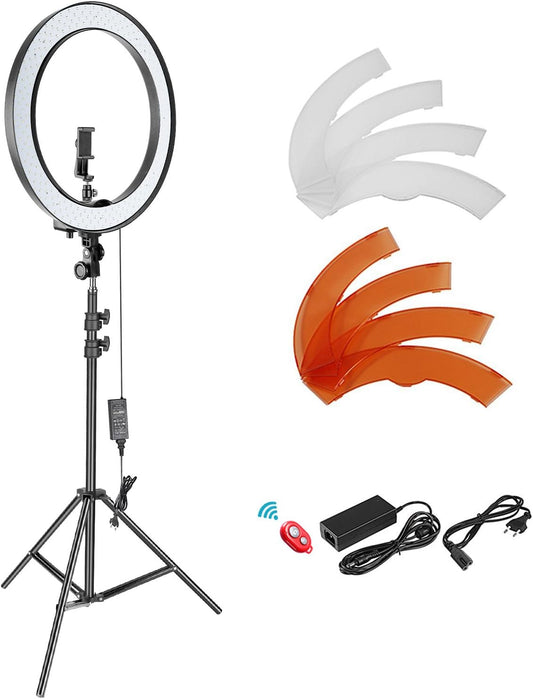 NEEWER 18 inch SMD led-ringlamp, dimbare verlichtingsset met 78,7 inch lichtstandaard filter en flitsschoenadapter voor studio led-verlichting voor portretten, YouTube, TikTok, video-opnames (geen
