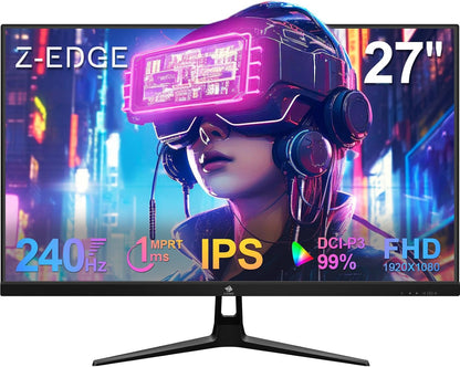 Z-Edge Gaming Monitor 27'' 240Hz, IPS Panel, 1ms, Screen FHD LED (1920x1080) with HDMI Cable, FreeSync, 400cd/m², HDMI 2.0 * 2 & DP 1.4 * 2, Adjustable Tilt, Ultra Slim Frame, VESA Mountable
