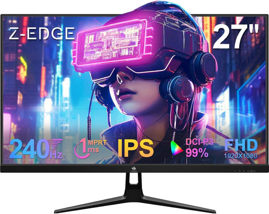 Z-Edge Gaming Monitor 27'' 240Hz, IPS Panel, 1ms, Screen FHD LED (1920x1080) with HDMI Cable, FreeSync, 400cd/m², HDMI 2.0 * 2 & DP 1.4 * 2, Adjustable Tilt, Ultra Slim Frame, VESA Mountable