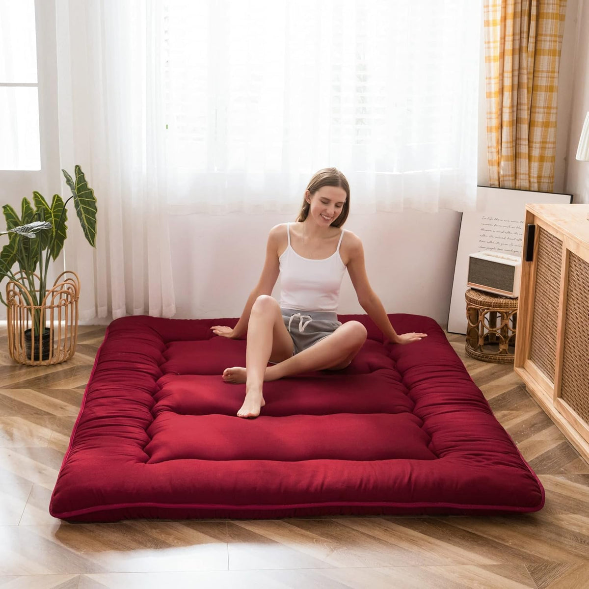 MAXYOYO Japanse futonmatras voor op de vloer, dikker tatami-slaapkussen, opvouwbare oprolbare slaapzaal mat pad vloerligstoel kussen bed (Bourgondië, eenpersoons)