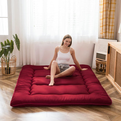 MAXYOYO Japanse futonmatras voor op de vloer, dikker tatami-slaapkussen, opvouwbare oprolbare slaapzaal mat pad vloerligstoel kussen bed (Bourgondië, eenpersoons)
