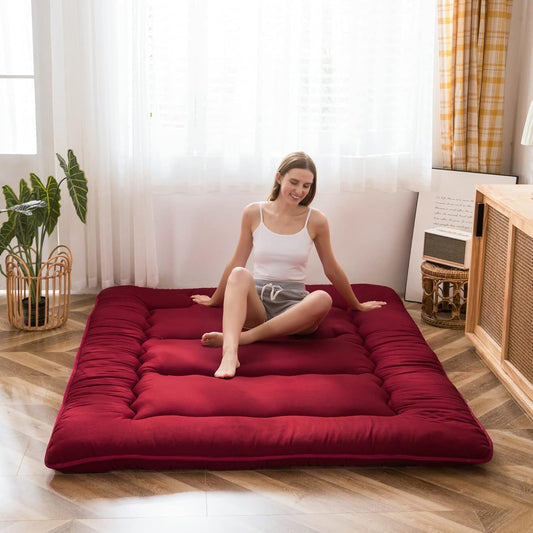 MAXYOYO Japanse futonmatras voor op de vloer, dikker tatami-slaapkussen, opvouwbare oprolbare slaapzaal mat pad vloerligstoel kussen bed (Bourgondië, eenpersoons)