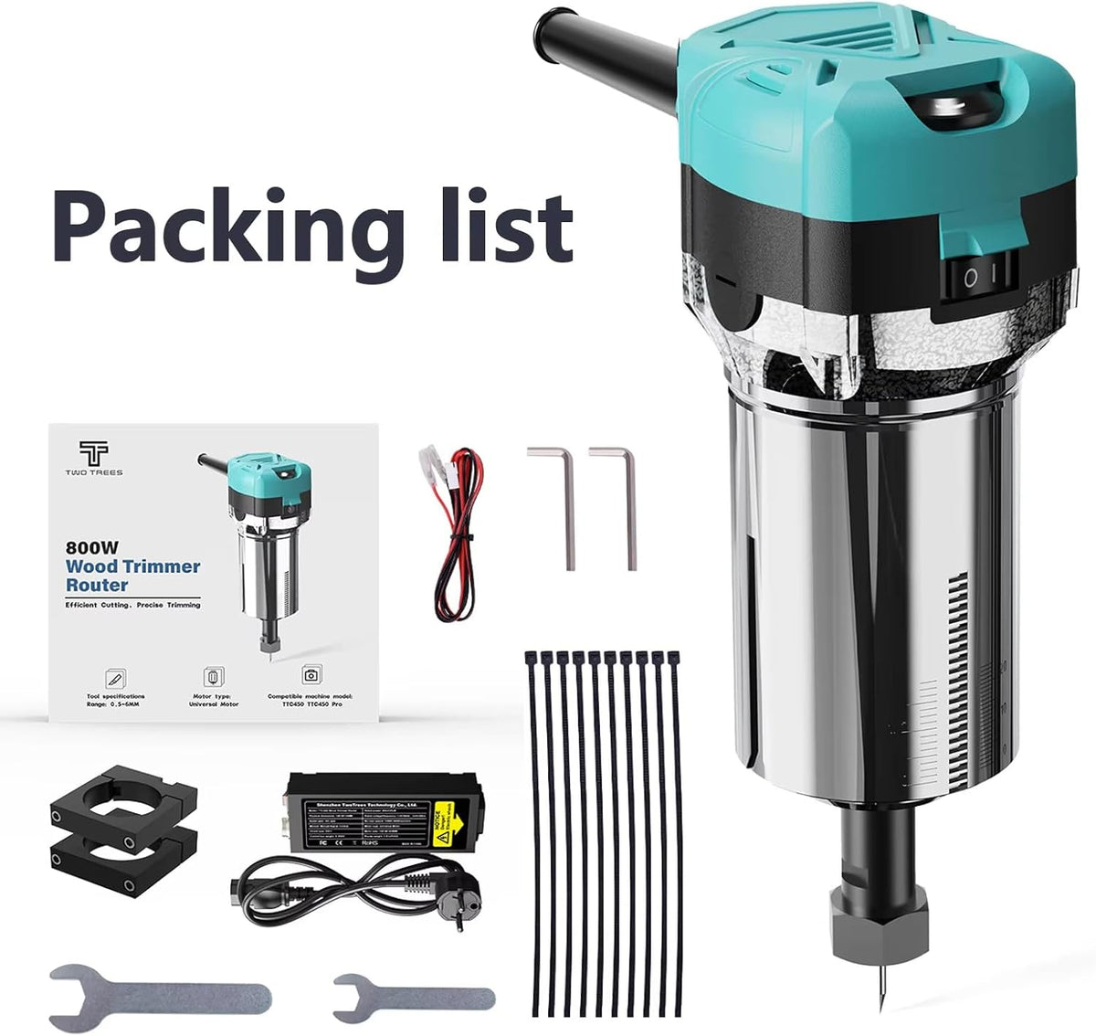 TWOTREES TTC 450 Trimmerkit, 800 W, houten trimmer, router spindel voor TTC450 Pro CNC graveermachine, houtrouter, compacte router tool met koffer