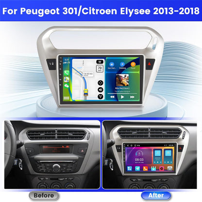 Inefala 2+64G Radio voor Peugeot 301/Citroen Elysee 2013-2018 Android met Wireless CarPlay Android Auto, 9 Inch Autoscherm Soporta Bluetooth WIFI 26UI GPS FM EQ SWC AHD Achteruitrijcamera