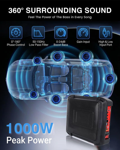 Ultraflache auto-subwoofer, geschikt voor auto/vrachtwagen, met geïntegreerde versterker, te monteren onder de stoelen, maximale vermogen 1000 W, compacte subwoofer.