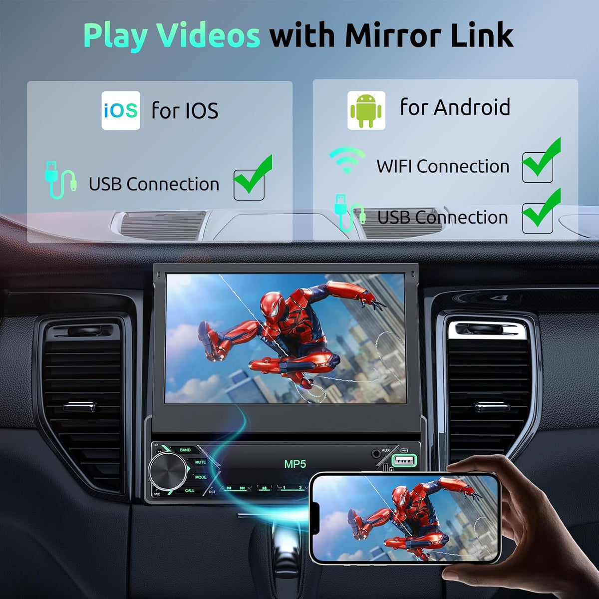 Autoradio 1 Din met draadloze Carplay Android Auto, 7 inch IPS HD handmatige flip touchscreen autoradio, ondersteuning Bluetooth Link spiegeling FM 2USB/Type-C stuurwielbediening