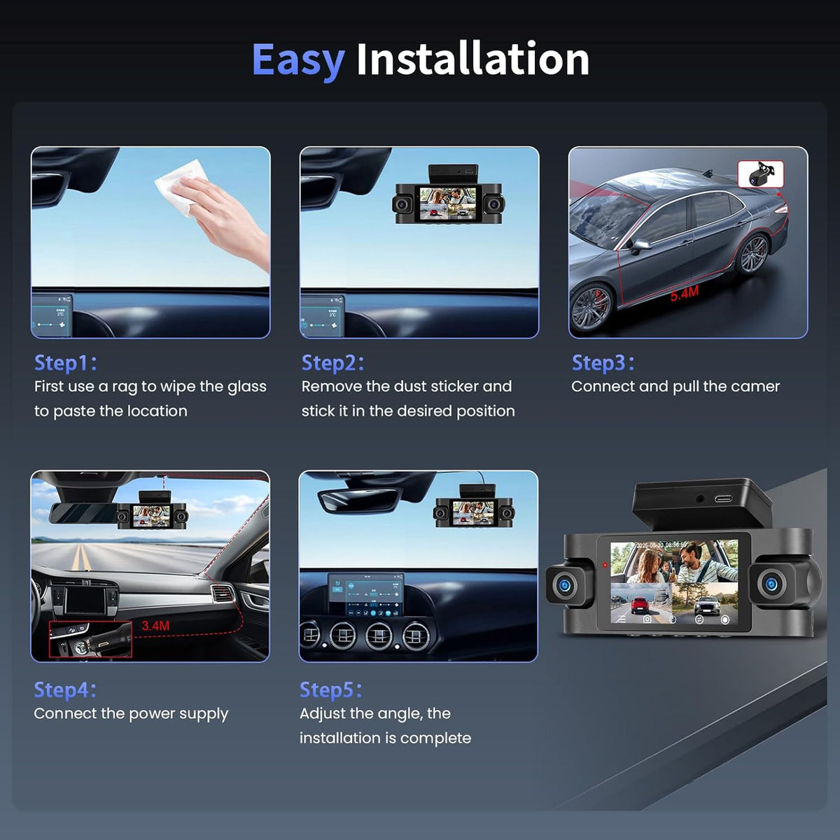 Hikity 4-kanaals dashcam, wifi dashcam 2K voor en 1080p achter binnen links rechts, autocamera met 64 GB kaart - wifi, G-sensor, loop-opname, nachtzicht, parkeerbewaking, achteruitrijassistent