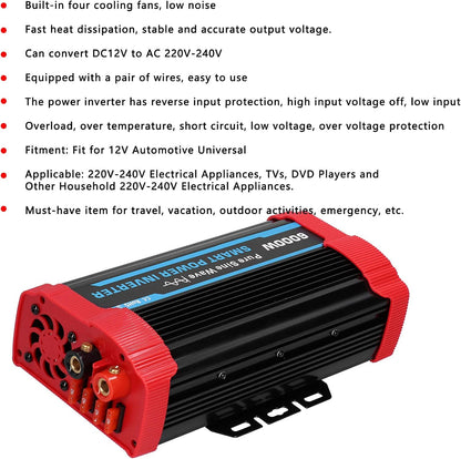 6000 W Continu/12000 W Piekvermogenomvormer, DC 12V Naar 220V-240V AC-converter Ingebouwde 4 Koelventilatoren, Universele Zuivere Sinusomvormer voor 12V-voertuigen, Campers, Vrachtwagens, Campers