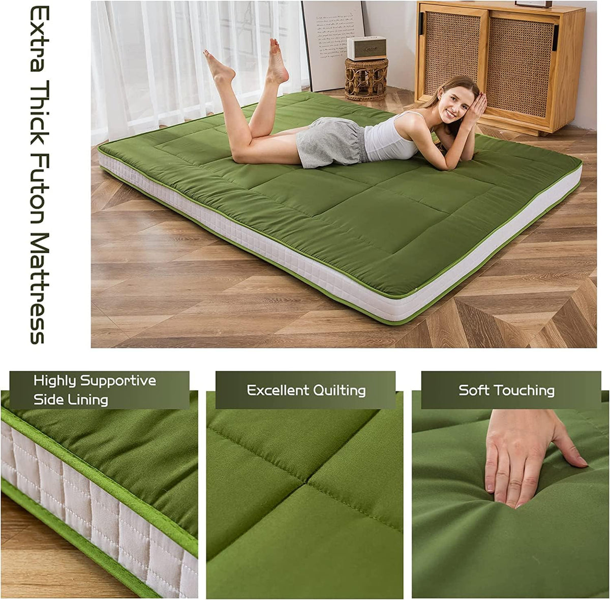 Maxyoyo Futon matras, gewatteerde Japanse vloermatras, gewatteerd, extra dik opvouwbaar slaapkussen, ademend vloerligbed, logeerbed (groen, eenpersoons)