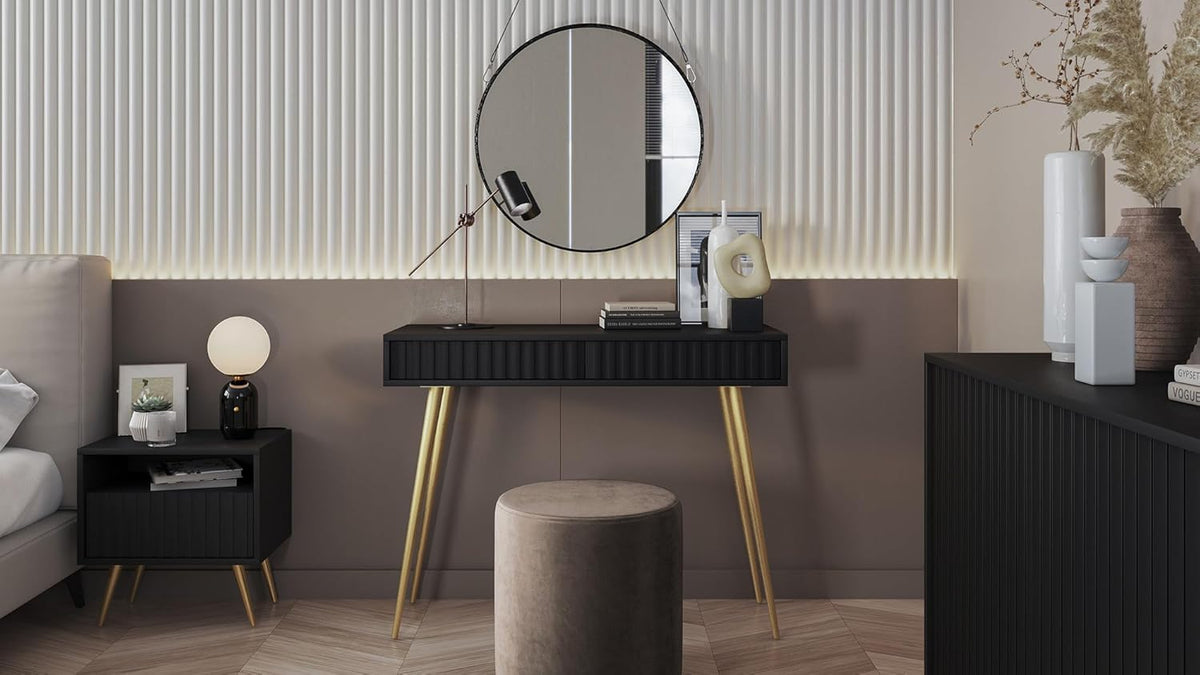 Selsey Bello Make-uptafel met 2 laden op goudkleurige poten, 104 x 80 cm, opbergkast, zwart, make-uptafel