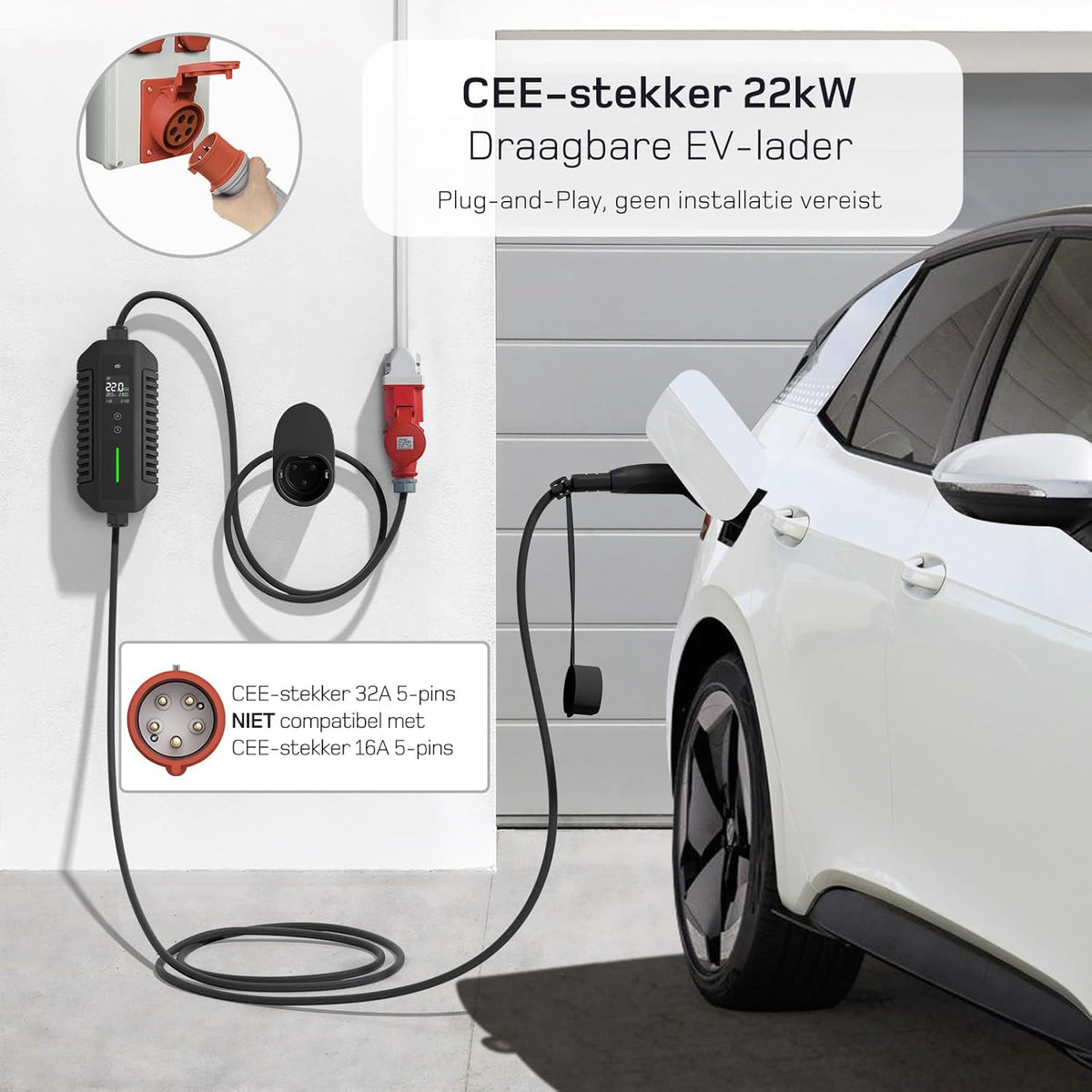 EV Charger Type 2 – Mobiele Laadstation – 3-Fase Oplader – Draagbare EV Lader – Laadkabel 15m – 22 kW Snel Laden – Weerbestendige IP66 Behuizing