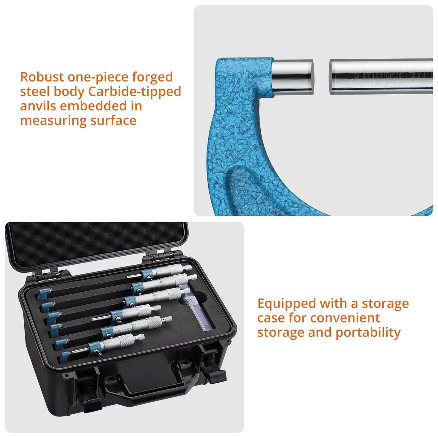Proster Micrometer voor buiten, 0-150 mm, 6 stuks, mechanische buitenmicrometer, 0,01 mm, met stoprail, chroom satijn en laserschaal, professionele set met kalibratiebeugels en werkplaatsbox
