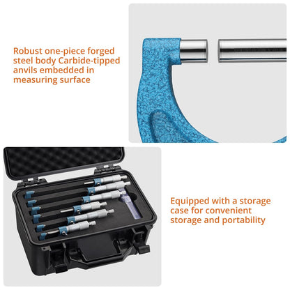 Proster Micrometer voor buiten, 0-150 mm, 6 stuks, mechanische buitenmicrometer, 0,01 mm, met stoprail, chroom satijn en laserschaal, professionele set met kalibratiebeugels en werkplaatsbox