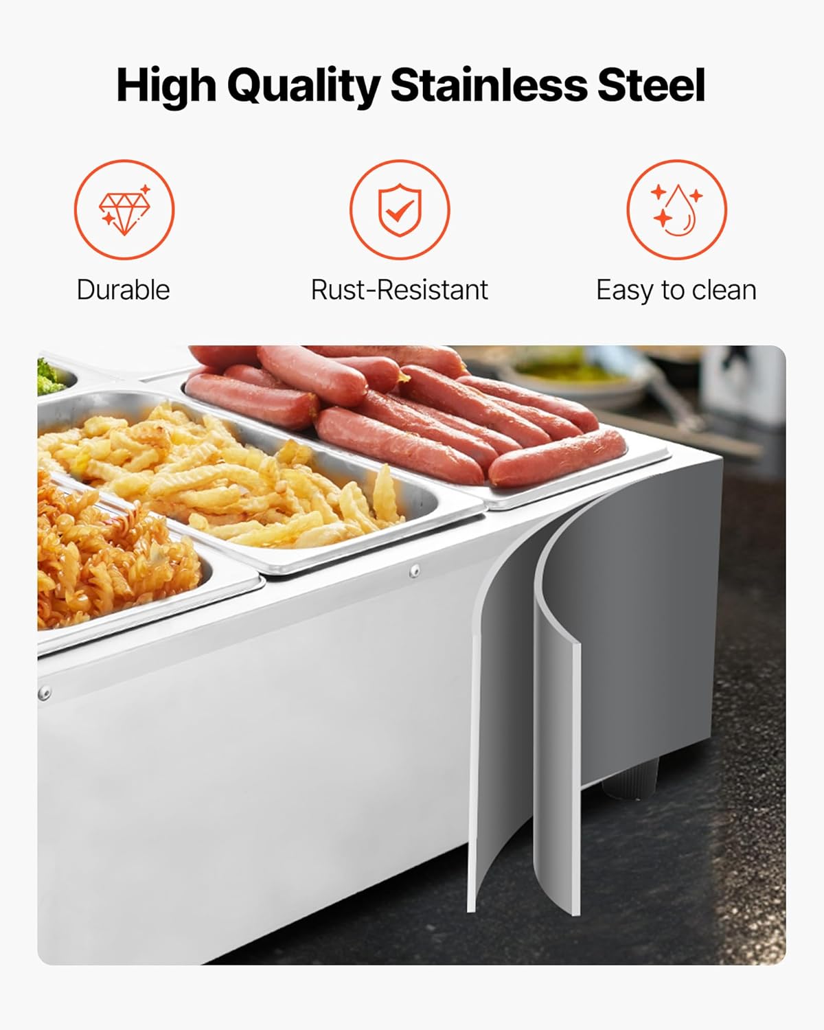 VEVOR Voedselwarmer met 6 containers van 1/3 formaat en netsnoer, roestvrij staal, 1500 W, voor waterbad, restaurants, feestjes en buffetten, 690 x 570 x 220 mm