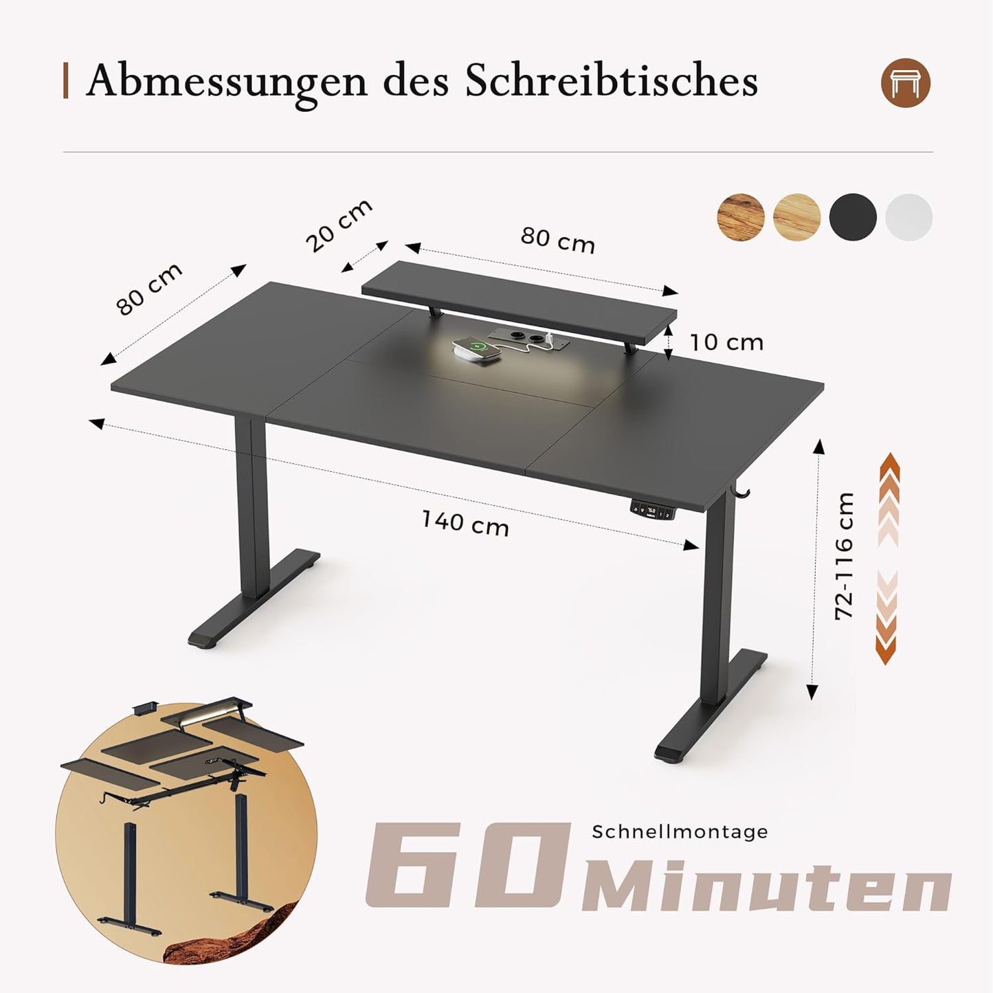 Klicelor Elektrisch Hoogteverstelbaar Bureau met LED en Stopcontacten, 160x80 cm, Bewegelijke Monitorstandaard, voor Gaming en Kantoor, Zit-Sta Bureau met 4-delig Bovenblad, Zwart